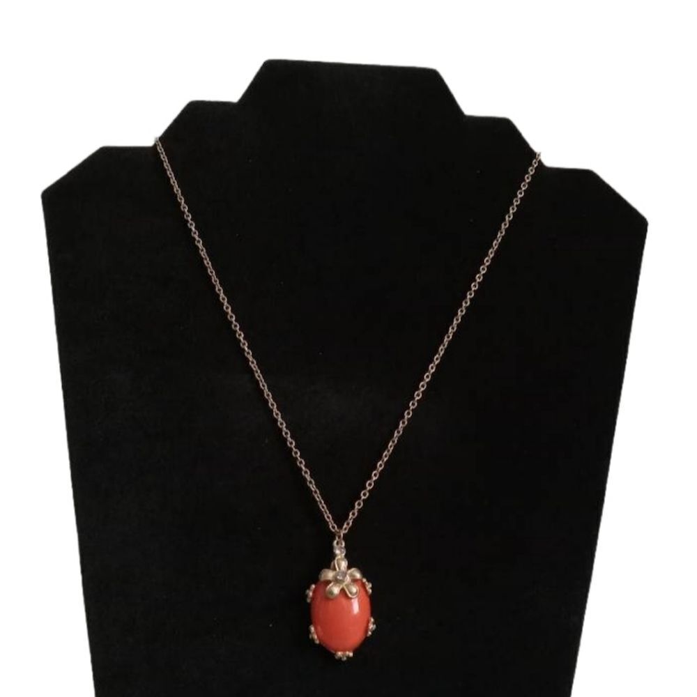 Gold Toned and Coral Oval Shaped Rhinestone Flower Covered Pendant Necklace